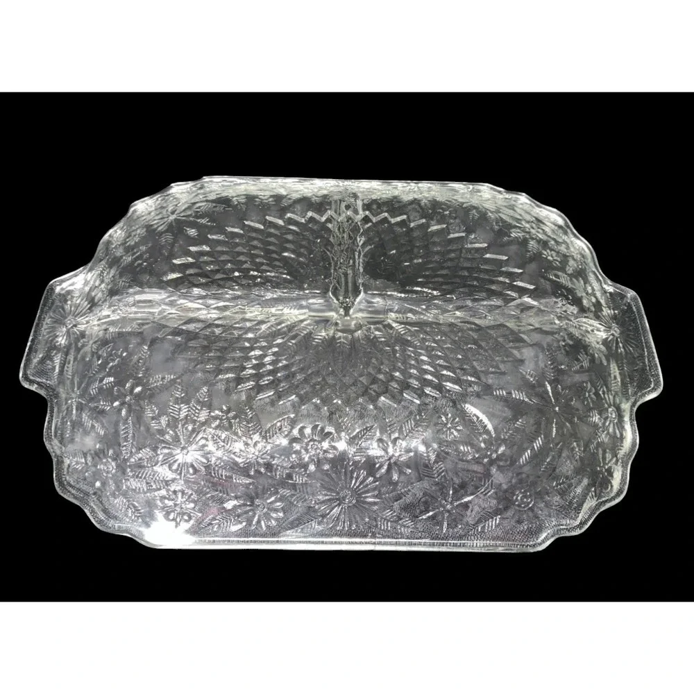 Indiana Glass Pineapple and Floral 3-Part Divided Relish Dish 1930s